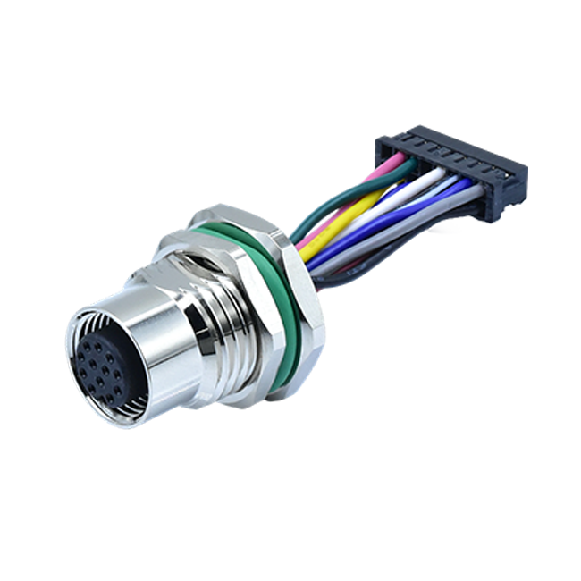 M12 A-Coding 12Pins Female Panel Connector (Front Lock M16×1.5) With Cable, HOUSING Connector At The End