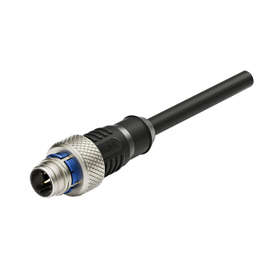 M12 D-Coding 4 pole male straight moulded cable , push-pull self-locking (inside lock) , black PUR ,  L=0.3M (shielded)