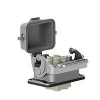 Heavy-duty connector – open-bottom, single-latch, bulkhead-mount insert (male)